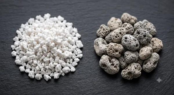 Macro photography comparing a handful of bright white perlite next to a handful of slightly larger, greyish pumice stones