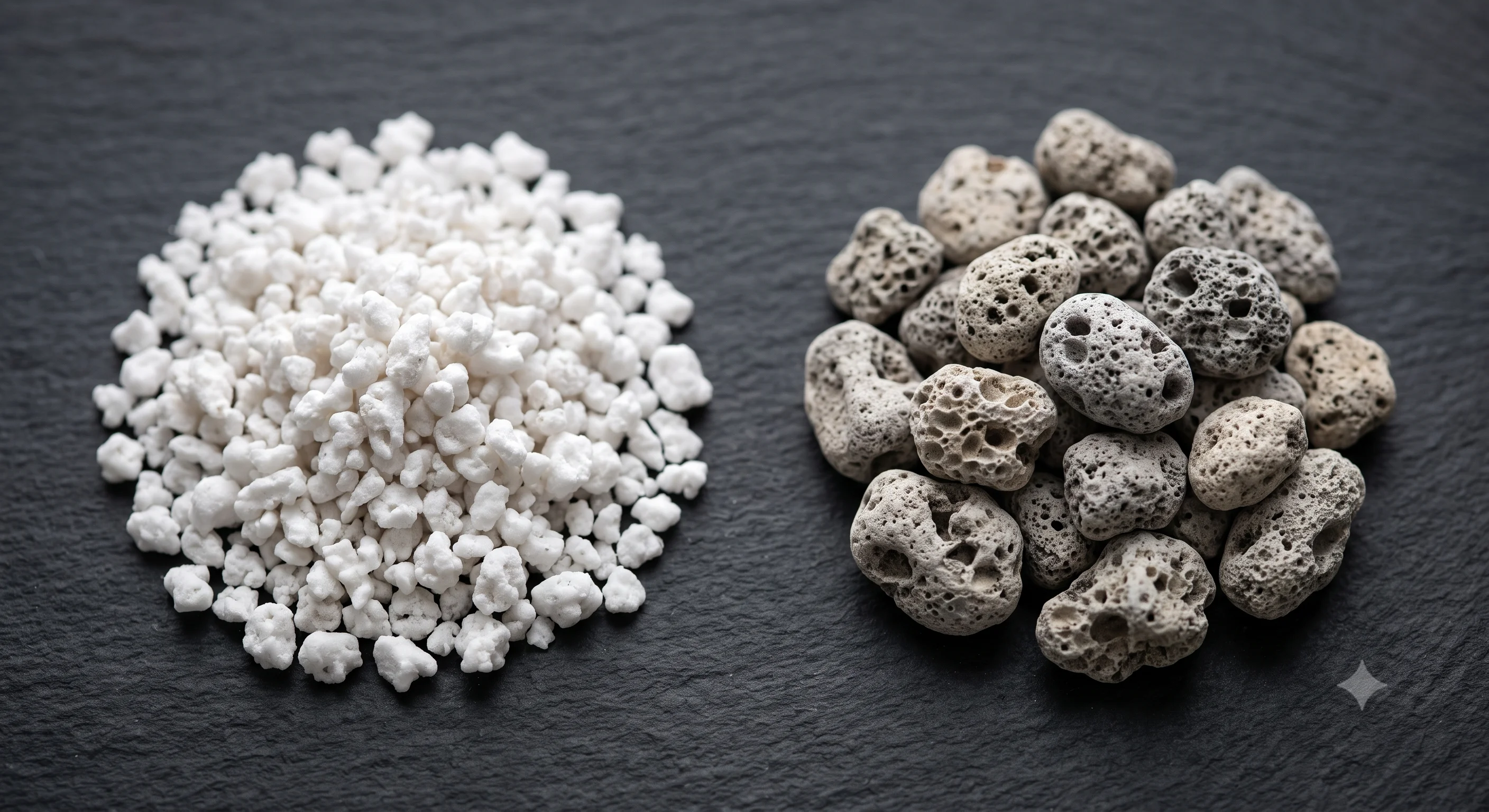 Macro photography comparing a handful of bright white perlite next to a handful of slightly larger, greyish pumice stones