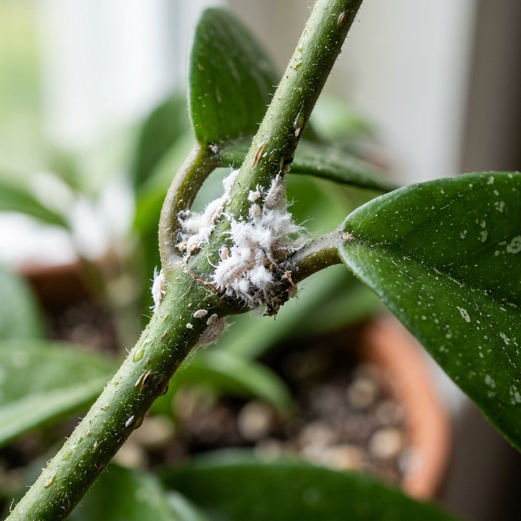 White fuzzy mealybugs on a plant stem
