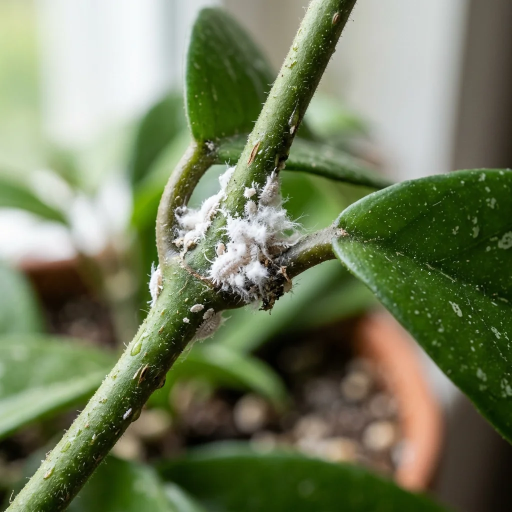 White fuzzy mealybugs on a plant stem