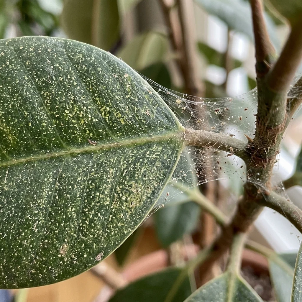 Spider mite damage and webbing on a plant