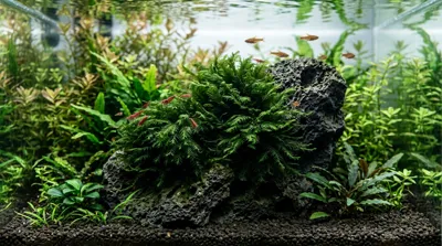 Feathery dark green plumes of Phoenix Moss attached to aquarium stone