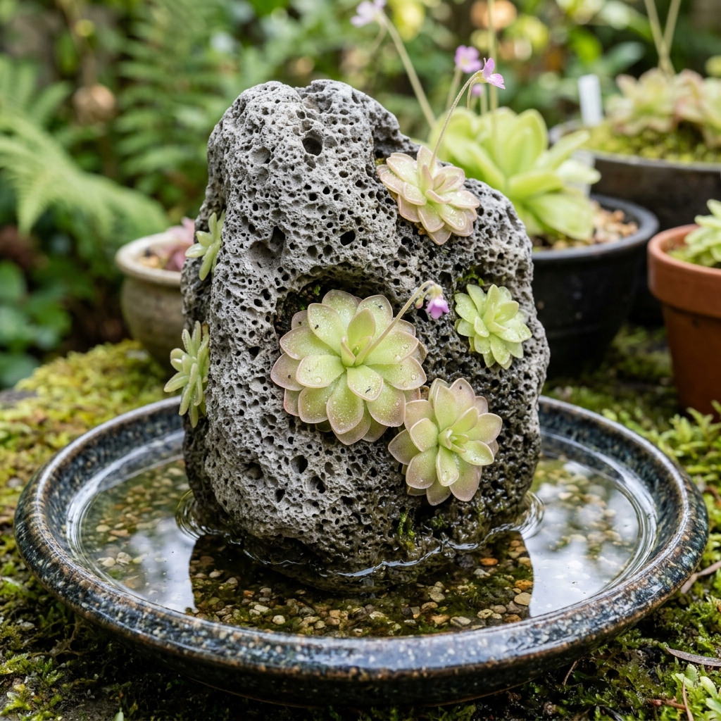 Porous gray pumice rock standing in a shallow water dish with Mexican Pinguicula butterworts growing in carved pockets, their sticky leaves glistening with mucilage