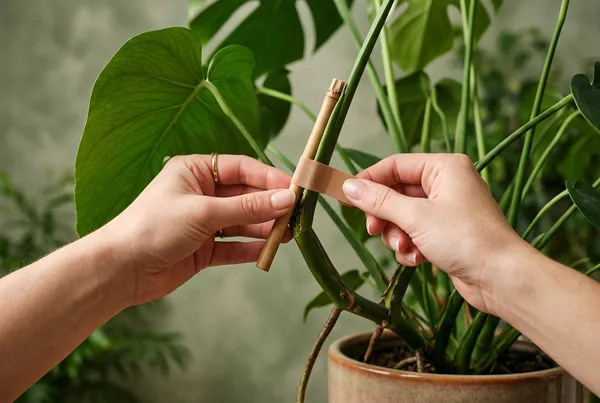 A Monstera stem bent and cracked, supported by a wooden splint and soft green tape, with a trowel and pot in the background