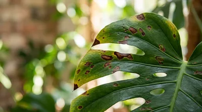 Houseplant leaf showing localized chemical spray damage and scorch marks along the foliage