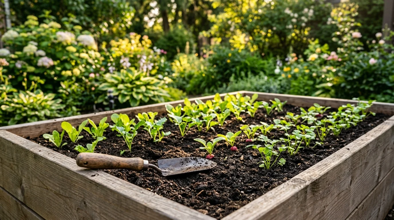 Raised garden bed filled with soil