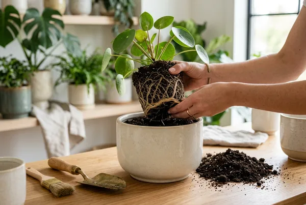 A severely wilted Peace Lily drooping over the edge of a newly filled terracotta pot with fresh potting mix scattered on the table