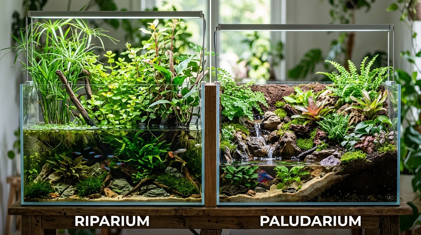 Side-by-side diagram of a riparium with emergent plants and a paludarium with a land mass and water zone