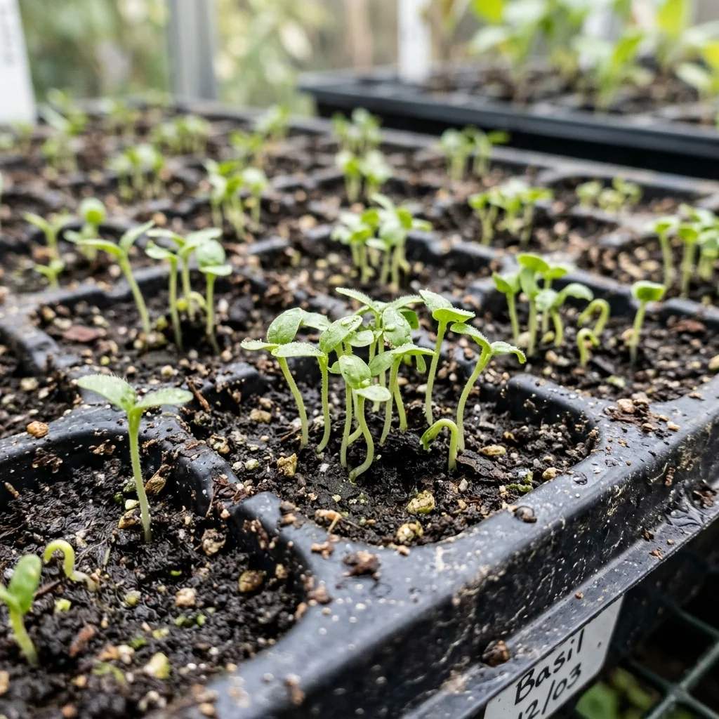 Piccoli semenzali verdi che germogliano in un vassoio
