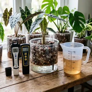 EC meter and pH pen beside a clear reservoir pot of Pon with a measuring jug of mixed hydroponic nutrient solution