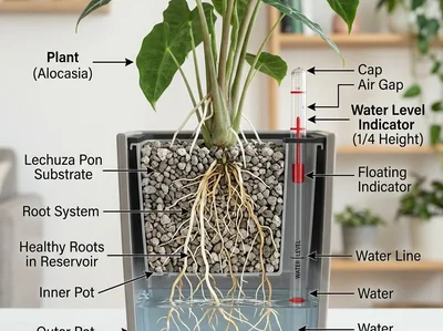 Self-watering plant pot with Pon mineral substrate showing pumice, zeolite and lava rock