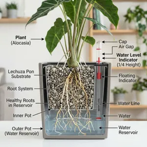 Cross-section of a semi-hydro pot with Pon, roots reaching a water reservoir and a level indicator showing the water line at one quarter of the pot height