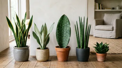 Snake plant varieties comparison showing different leaf shapes and colors