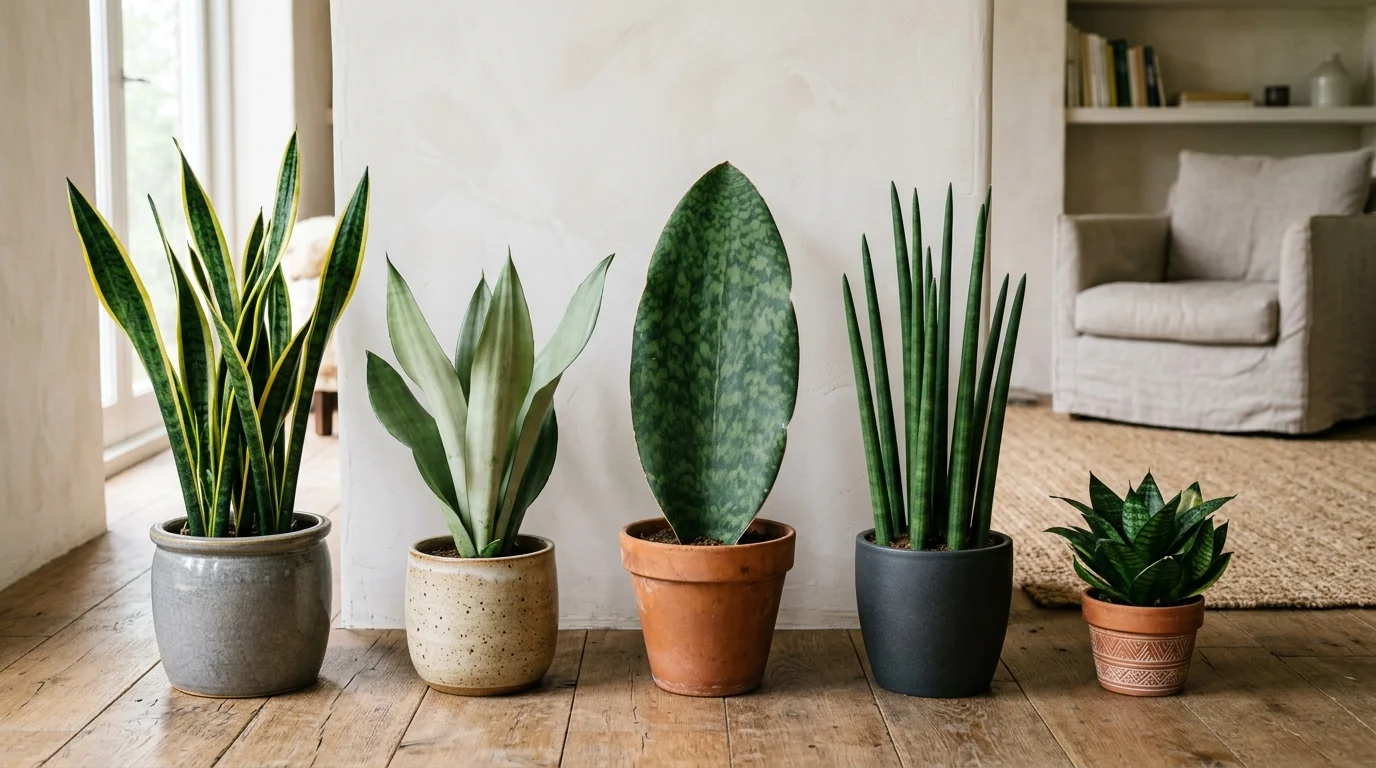 Snake plant varieties comparison showing different leaf shapes and colors
