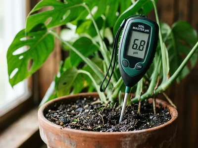 Close up of a soil pH probe inserted into garden soil