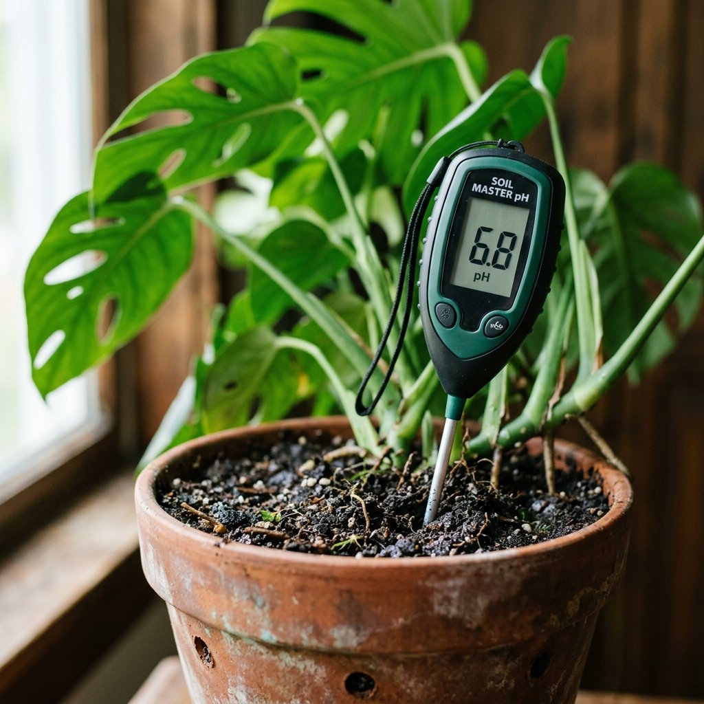 Digital soil pH meter in a plant pot