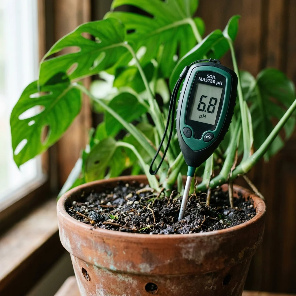 Digital soil pH meter in a plant pot