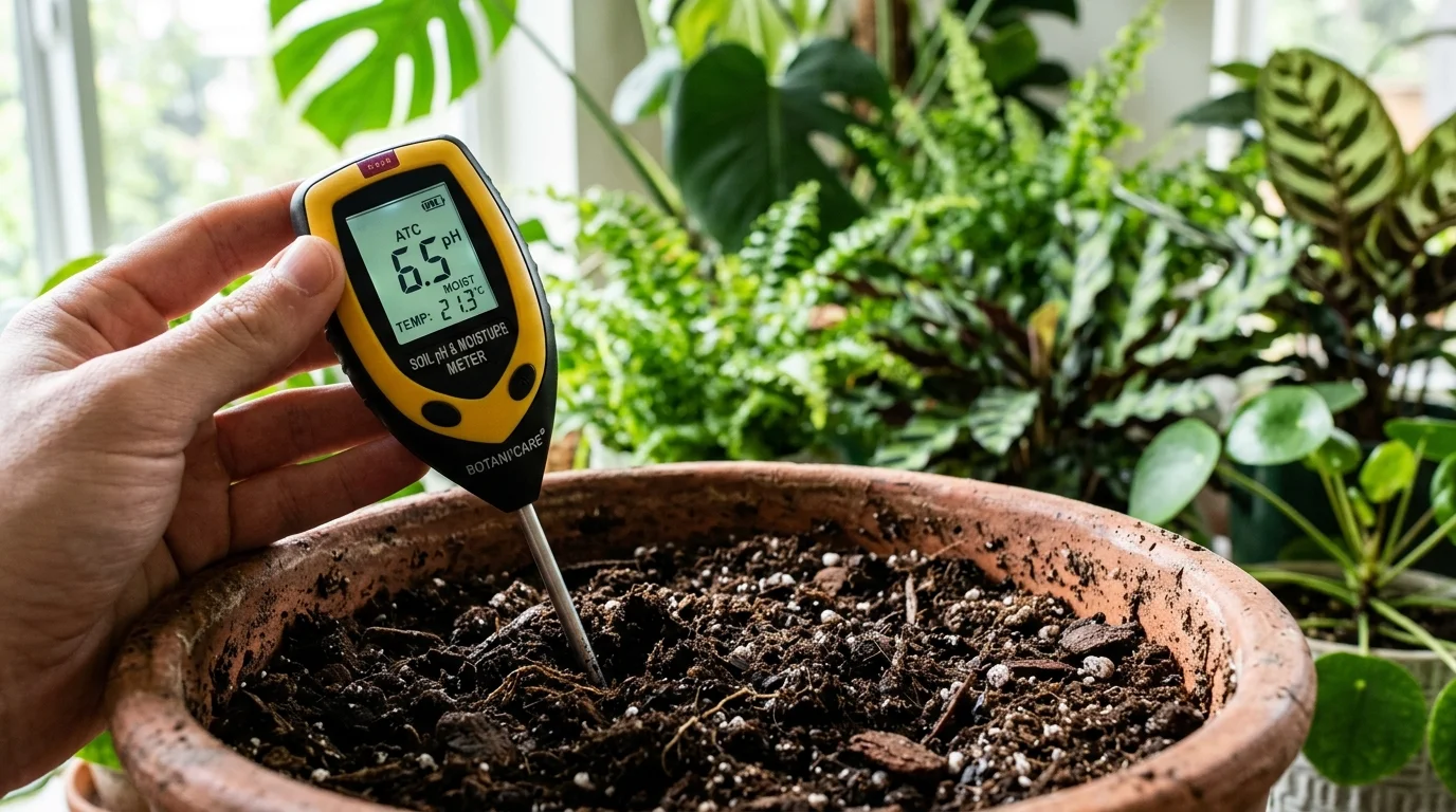Digital soil pH meter testing moist potting mix - PlantSolve Care Guide