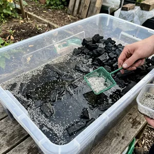 Clear plastic tub of lump charcoal pieces with a shallow water pool and white springtails floating on the surface during a flooding harvest