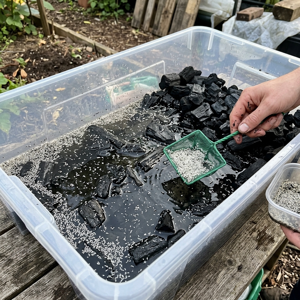 Clear plastic tub of lump charcoal pieces with a shallow water pool and white springtails floating on the surface during a flooding harvest