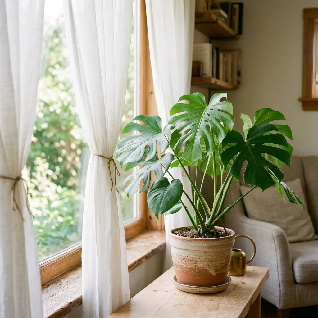 Houseplant near window with sheer curtains