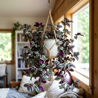 Tradescantia zebrina cascading from a white ceramic hanging pot against a bright, sunlit window with sheer curtain.