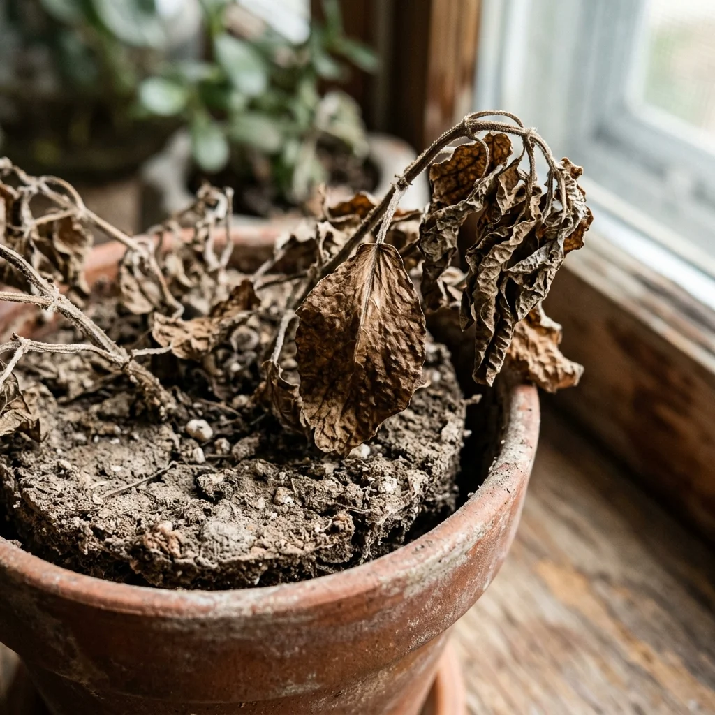 Underwatered plant with crispy curling leaves and dry soil