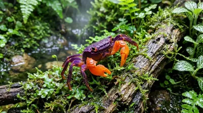 Vampire crab paludarium with a land-dominant planted habitat and shallow freshwater zone
