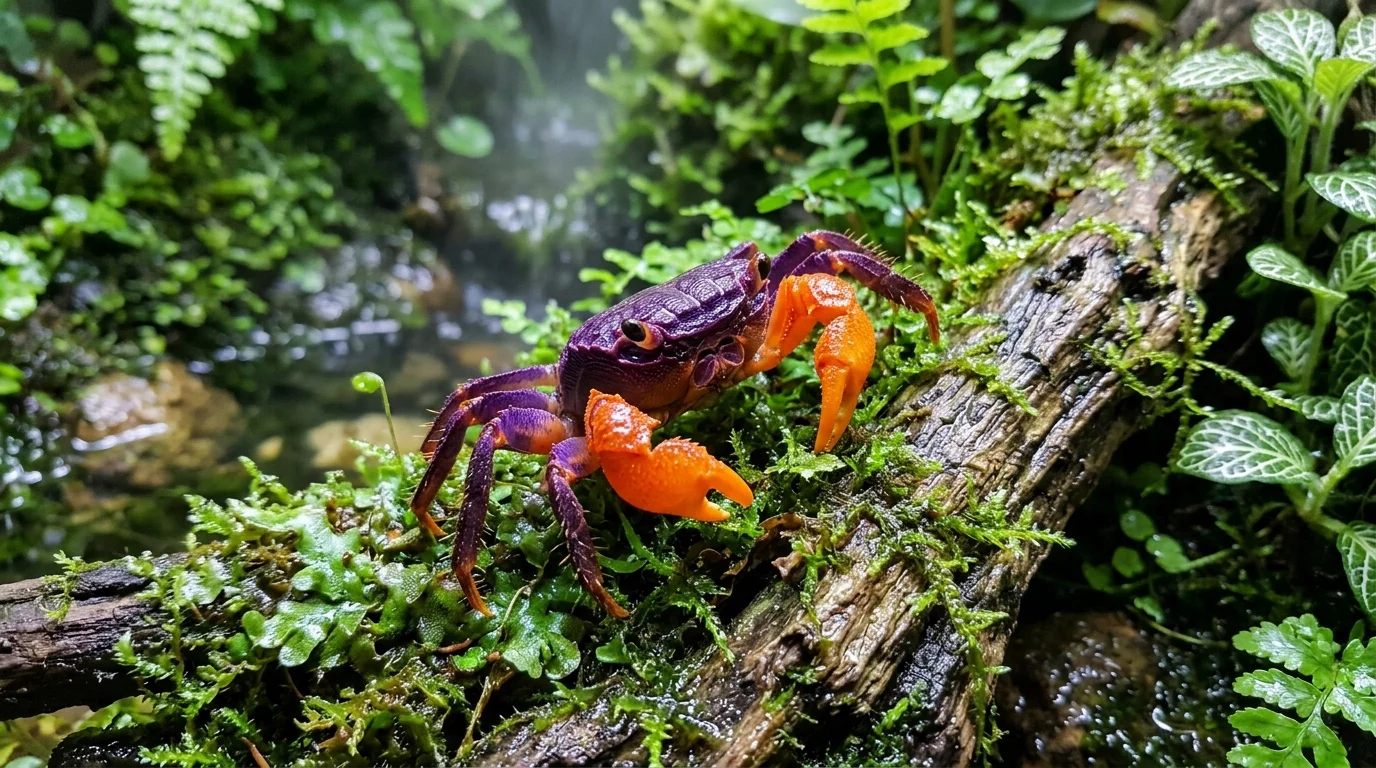 Vampire crab paludarium with a land-dominant planted habitat and shallow freshwater zone