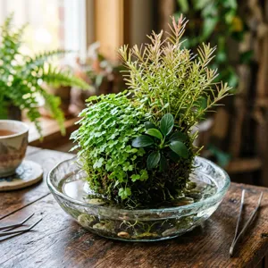 Wabi-kusa ball planted with Hydrocotyle carpet, Rotala stems, Anubias nana and moss in a shallow glass dish