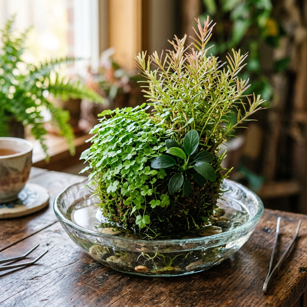 Wabi-kusa ball planted with Hydrocotyle carpet, Rotala stems, Anubias nana and moss in a shallow glass dish