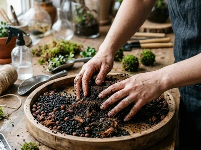 Measuring scoops of aquasoil, akadama and coir beside a finished wabi-kusa ball on a tray