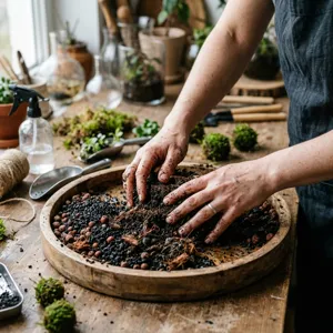 Hands kneading a damp wabi-kusa substrate of aquasoil, akadama and coir on a tray before shaping into a ball