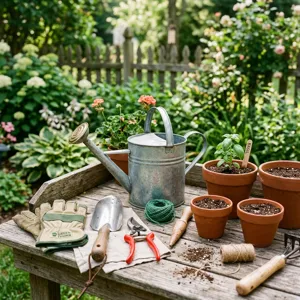 A beginner's garden equipment setup with hand trowel, pruners, watering can, gloves, and pots arranged on a wooden table