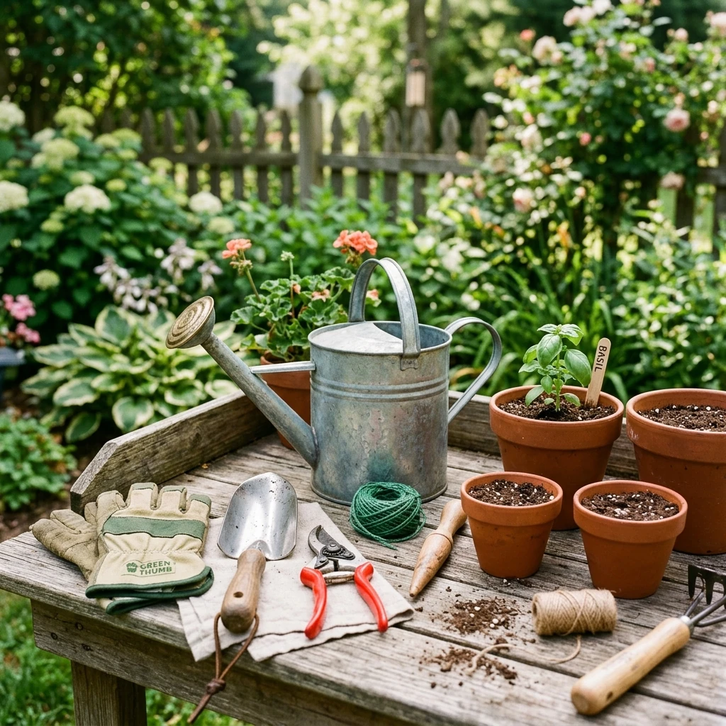 A beginner's garden equipment setup with hand trowel, pruners, watering can, gloves, and pots arranged on a wooden table