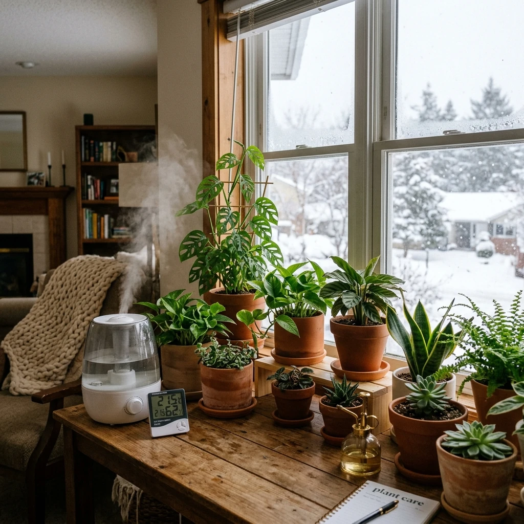 A cozy indoor plant setup in winter with plants on a windowsill, a humidifier, and a thermometer, showing winter care in action