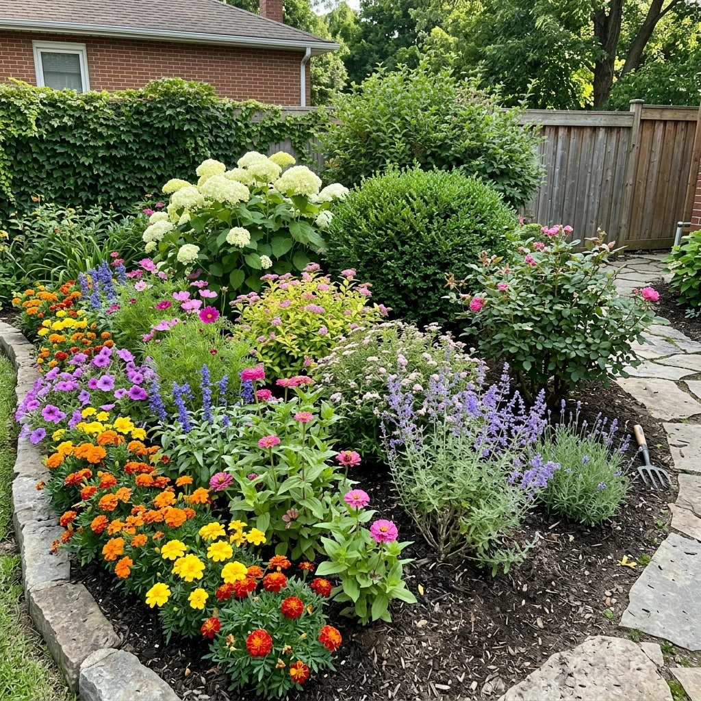 A garden bed with both annual flowers in bloom and perennial shrubs, showing the difference in growth habits and seasonal interest