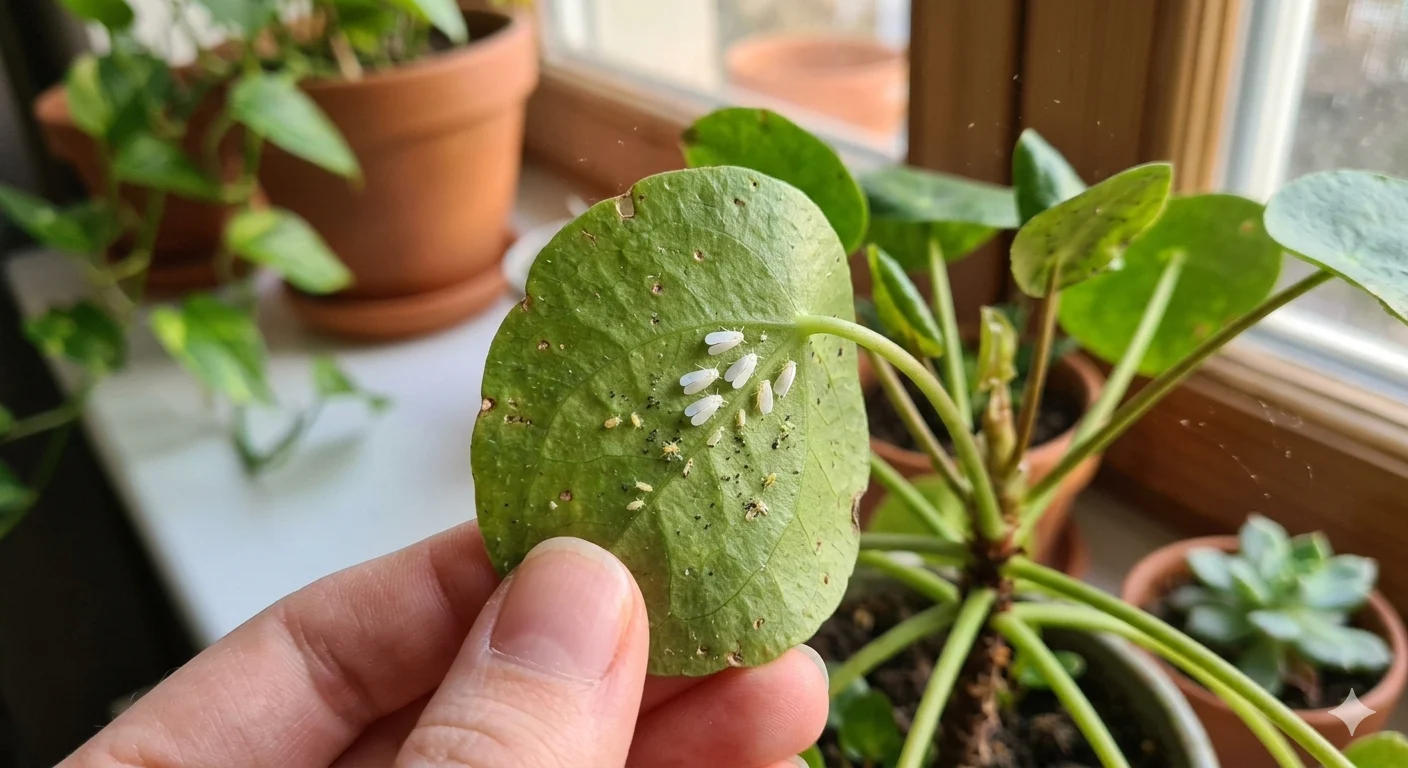 Whitefly infestation on a hibiscus leaf underside — a circular arc of pale yellow eggs and flat translucent nymph scales clustered along the central vein