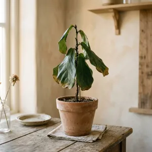 Woman inspecting a yellowing Calathea leaf near a bright window, terracotta pots on hardwood floor