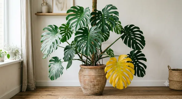 Monstera deliciosa with several yellowing lower leaves in an indoor growing environment, next to a moisture meter