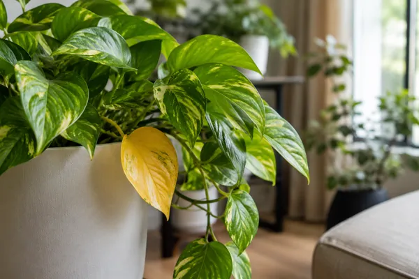 A trailing Pothos houseplant with several yellowing leaves growing indoors, next to a moisture meter