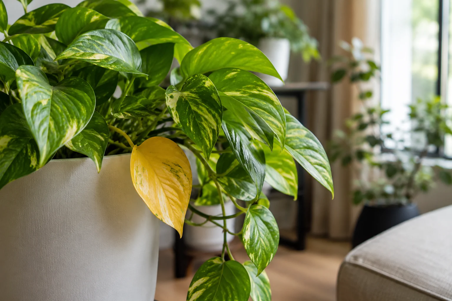A trailing Pothos houseplant with several yellowing leaves growing indoors, next to a moisture meter