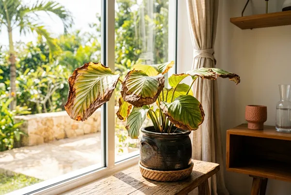 A Monstera with bleached, crispy leaf edges on a bright windowsill, thermometer showing 38°C (100°F) outside