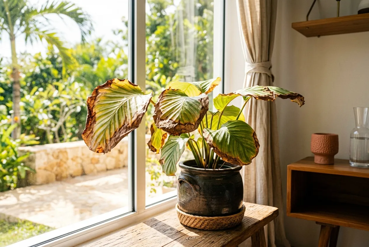 A Monstera with bleached, crispy leaf edges on a bright windowsill, thermometer showing 38°C (100°F) outside