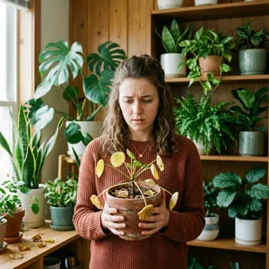 A person holding a potted plant with yellowing and falling leaves, looking concerned, with other healthy houseplants in the background