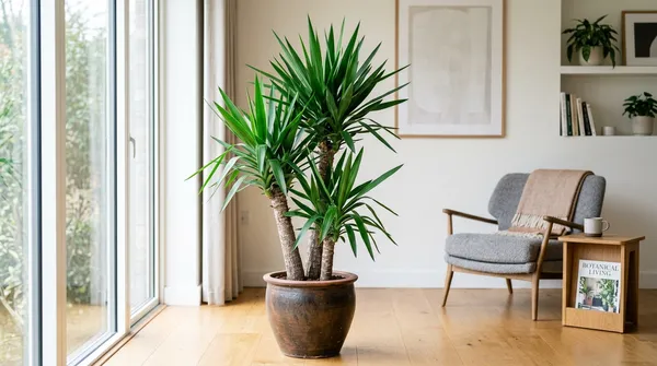 Spineless yucca plant with thick trunks and rosettes of sword-shaped leaves in a bright room